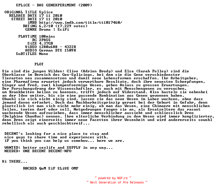 NFO for the release Splice.Das.Genexperiment.German.720p.BluRay.x264-DECENT by DECENT