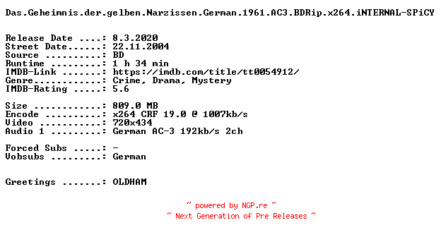 NFO for the release Das.Geheimnis.der.gelben.Narzissen.German.1961.AC3.BDRip.x264.iNTERNAL-SPiCY by SPiCY