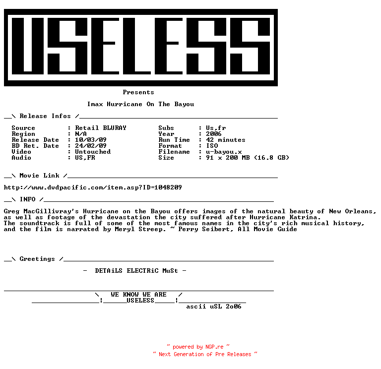 NFO for the release IMAX.Hurricane.on.the.Bayou.2006.MULTi.BLURAY-USELESS by USELESS