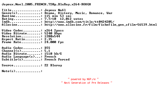 NFO for the release Joyeux.Noel.2005.FRENCH.720p.BluRay.x264-ROUGH by ROUGH