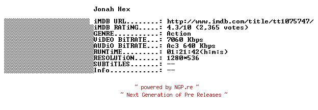 NFO for the release Jonah.Hex.FRENCH.720p.BluRay.x264-THENiGHTMAREiNHD by THENiGHTMAREiNHD