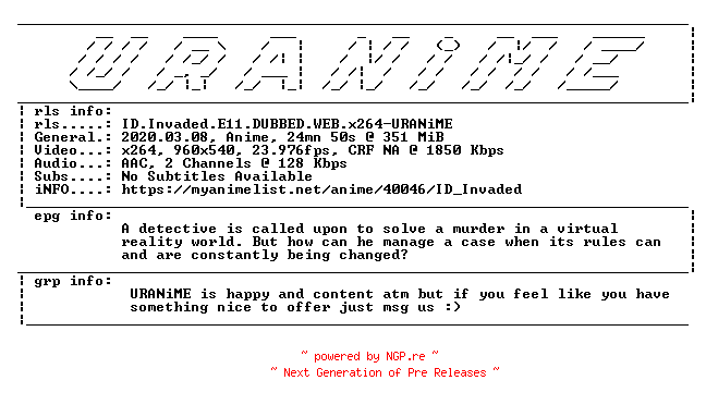 NFO for the release ID.Invaded.E11.DUBBED.WEB.x264-URANiME by URANiME