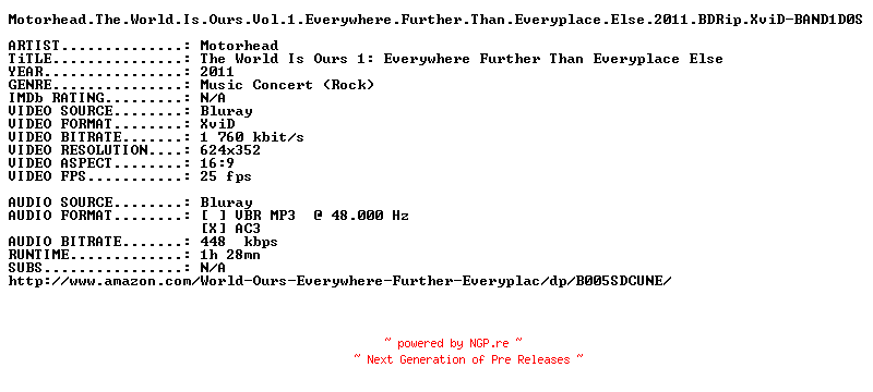 NFO for the release Motorhead.The.World.Is.Ours.Vol.1.Everywhere.Further.Than.Everyplace.Else.2011.BDRip.XviD-BAND1D0S by BAND1D0S