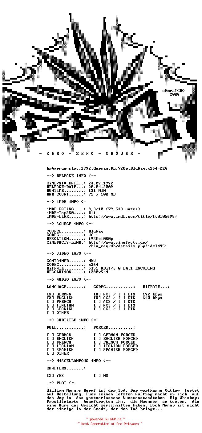 NFO for the release Erbarmungslos.1992.German.DL.720p.BluRay.x264-ZZG by ZZG