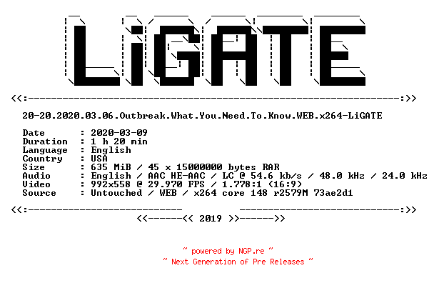 NFO for the release 20-20.2020.03.06.Outbreak.What.You.Need.To.Know.WEB.x264-LiGATE by LiGATE