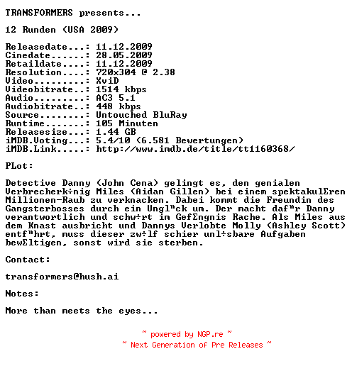 NFO for the release 12.Runden.German.AC3.BDRip.XviD-TRANSFORMERS by TRANSFORMERS