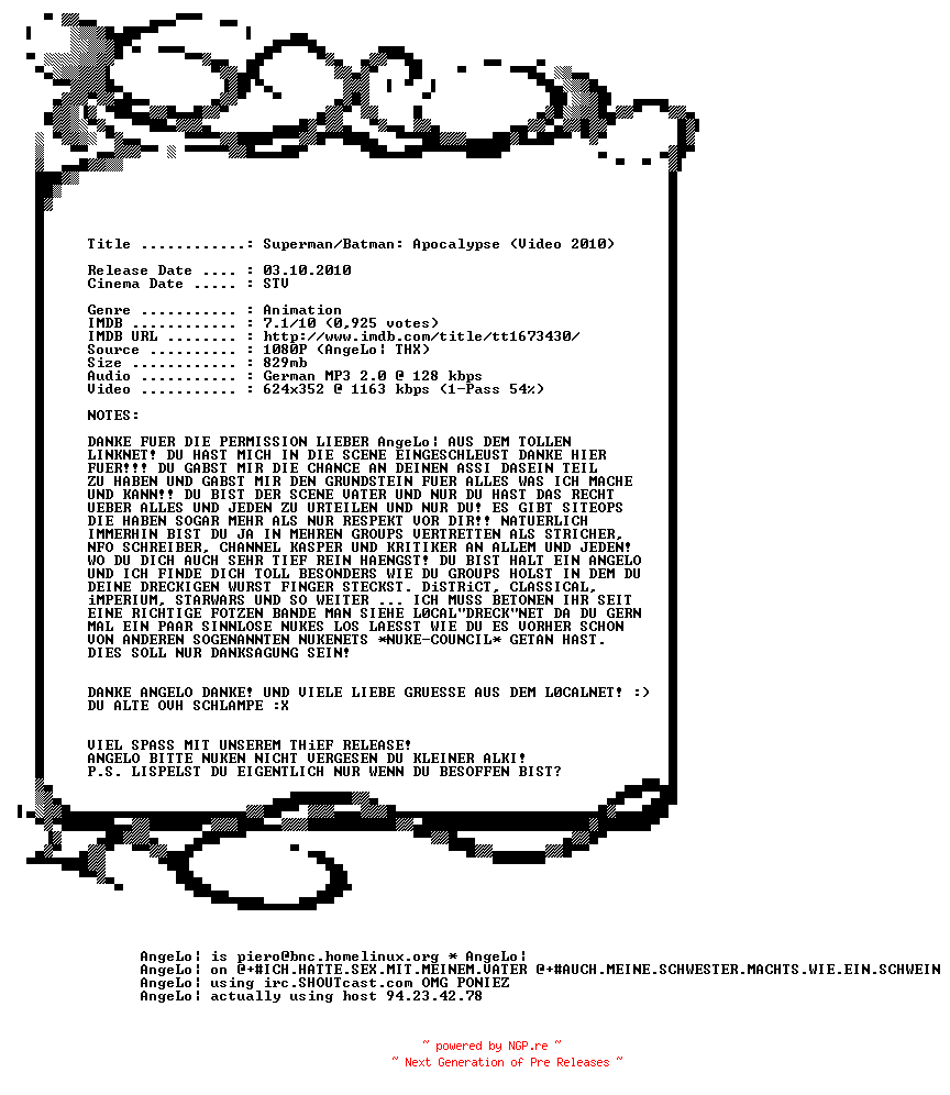 NFO for the release Superman.Batman.Apocalypse.German.READNFO.BDRiP.XviD-THiEFKiCKASS by THiEFKiCKASS