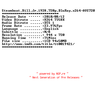 NFO for the release Steamboat.Bill.Jr.1928.720p.BluRay.x264-AVS720 by AVS720