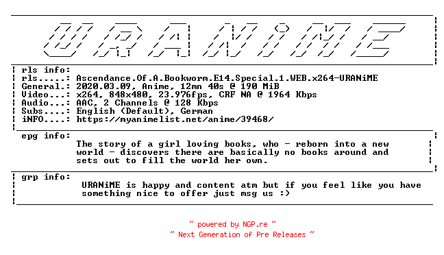 NFO for the release Ascendance.Of.A.Bookworm.E14.Special.1.WEB.x264-URANiME by URANiME