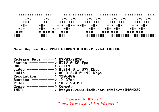 NFO for the release Mein.Weg.zu.Dir.2003.GERMAN.HDTVRiP.x264-TVPOOL by TVPOOL