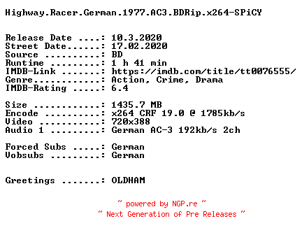 NFO for the release Highway.Racer.German.1977.AC3.BDRip.x264-SPiCY by SPiCY