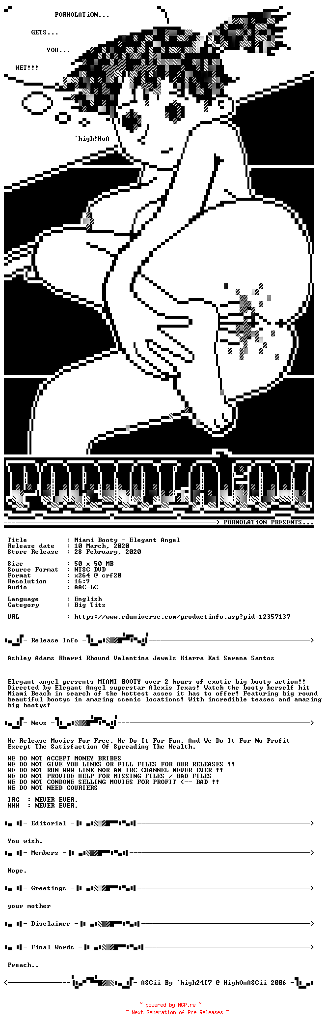 NFO for the release Miami.Booty.XXX.DVDRiP.x264-PORNOLATiON by PORNOLATiON
