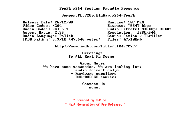 NFO for the release Jumper.PL.720p.BluRay.x264-ProPL by ProPL