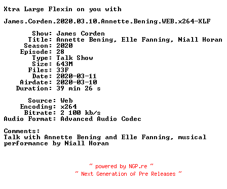 NFO for the release James.Corden.2020.03.10.Annette.Bening.WEB.x264-XLF by XLF