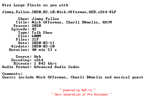 NFO for the release Jimmy.Fallon.2020.03.10.Nick.Offerman.WEB.x264-XLF by XLF