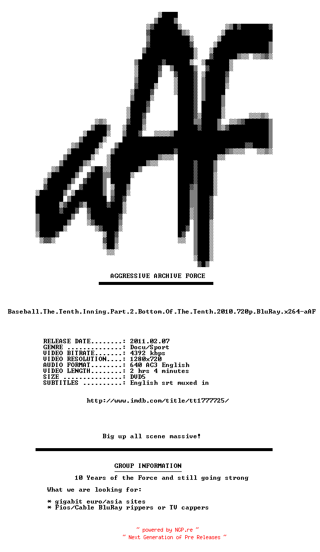 NFO for the release Baseball.The.Tenth.Inning.Part.2.Bottom.Of.The.Tenth.2010.720p.BluRay.x264-aAF by aAF