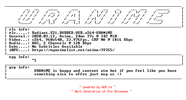 NFO for the release Radiant.E21.DUBBED.WEB.x264-URANiME by URANiME