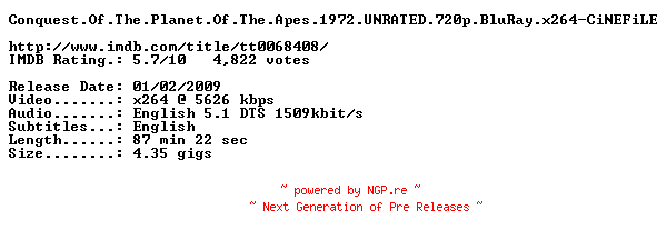 NFO for the release Conquest.Of.The.Planet.Of.The.Apes.1972.UNRATED.720p.BluRay.x264-CiNEFiLE by CiNEFiLE
