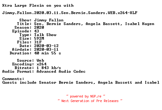 NFO for the release Jimmy.Fallon.2020.03.11.Sen.Bernie.Sanders.WEB.x264-XLF by XLF