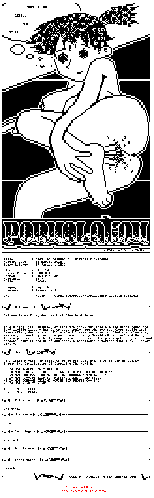 NFO for the release Meet.The.Neighbors.XXX.DVDRiP.x264-PORNOLATiON by PORNOLATiON