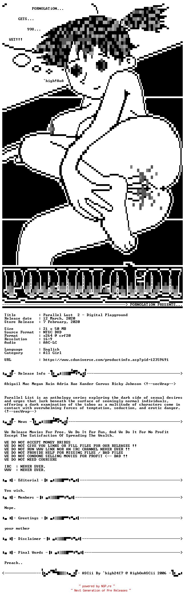 NFO for the release Parallel.Lust.2.XXX.DVDRiP.x264-PORNOLATiON by PORNOLATiON