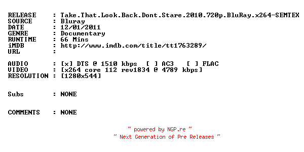 NFO for the release Take.That.Look.Back.Dont.Stare.2010.720p.BluRay.x264-SEMTEX by SEMTEX