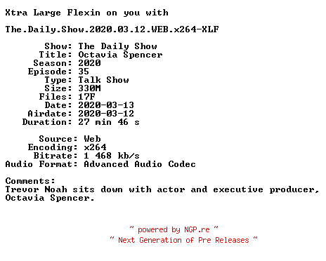 NFO for the release The.Daily.Show.2020.03.12.WEB.x264-XLF by XLF