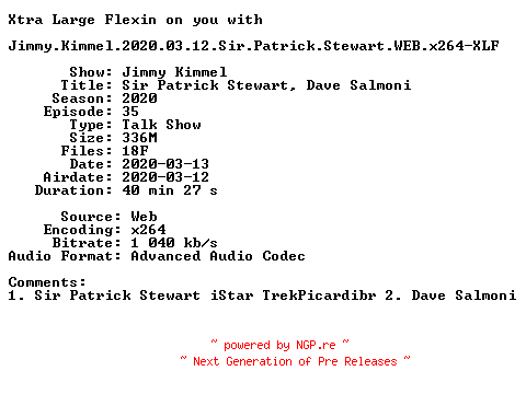 NFO for the release Jimmy.Kimmel.2020.03.12.Sir.Patrick.Stewart.WEB.x264-XLF by XLF