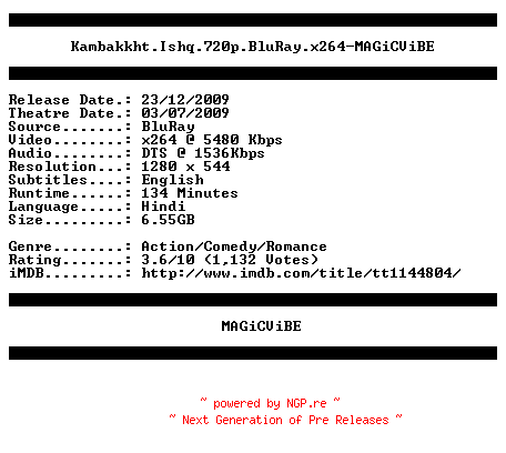 NFO for the release Kambakkht.Ishq.720p.BluRay.x264-MAGiCViBE by MAGiCViBE