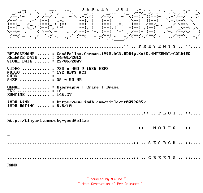 NFO for the release GoodFellas.German.1990.AC3.BDRip.XviD.iNTERNAL-GOLDiES by GOLDiES