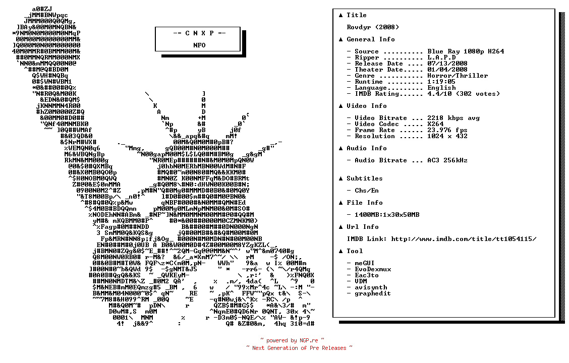 NFO for the release Rovdyr.2008.BDRip.X264-CNXP by CNXP
