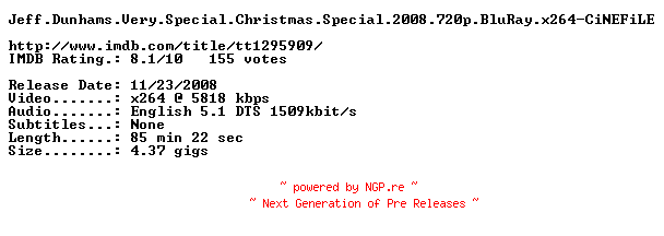 NFO for the release Jeff.Dunhams.Very.Special.Christmas.Special.2008.720p.BluRay.x264-CiNEFiLE by CiNEFiLE