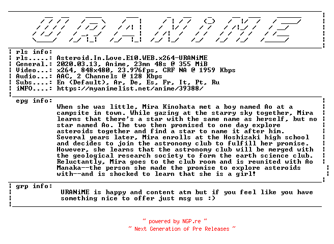 NFO for the release Asteroid.In.Love.E10.WEB.x264-URANiME by URANiME