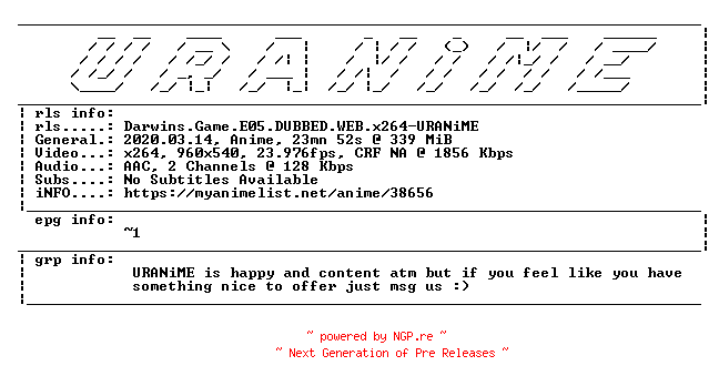 NFO for the release Darwins.Game.E05.DUBBED.WEB.x264-URANiME by URANiME