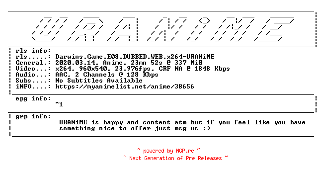 NFO for the release Darwins.Game.E08.DUBBED.WEB.x264-URANiME by URANiME