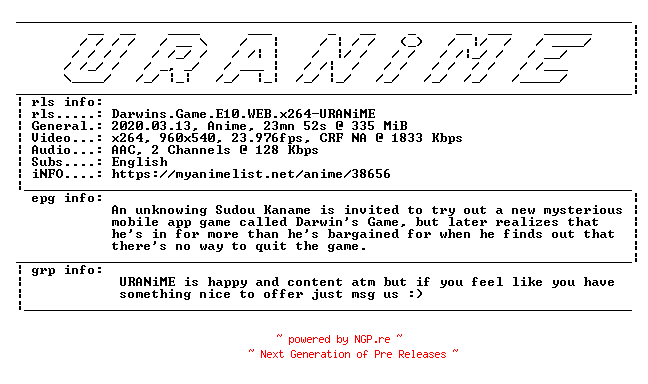 NFO for the release Darwins.Game.E10.WEB.x264-URANiME by URANiME