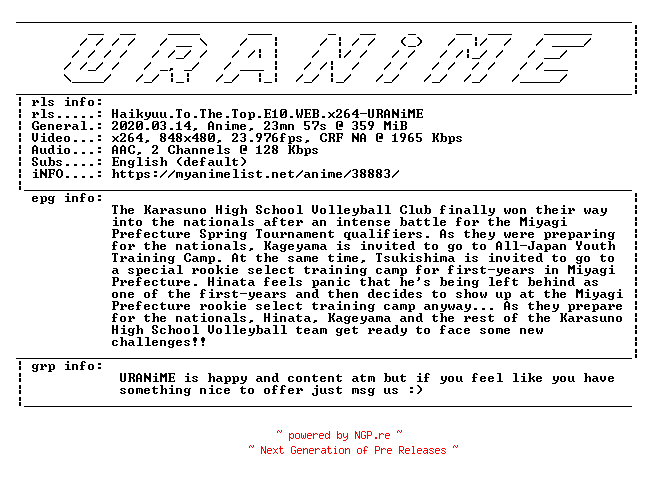 NFO for the release Haikyuu.To.The.Top.E10.WEB.x264-URANiME by URANiME