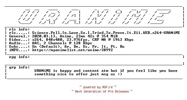 NFO for the release Science.Fell.In.Love.So.I.Tried.To.Prove.It.E11.WEB.x264-URANiME by URANiME
