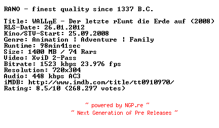 NFO for the release Wall-E.German.2008.AC3.BDRiP.XviD.iNTERNAL-RANO by RANO
