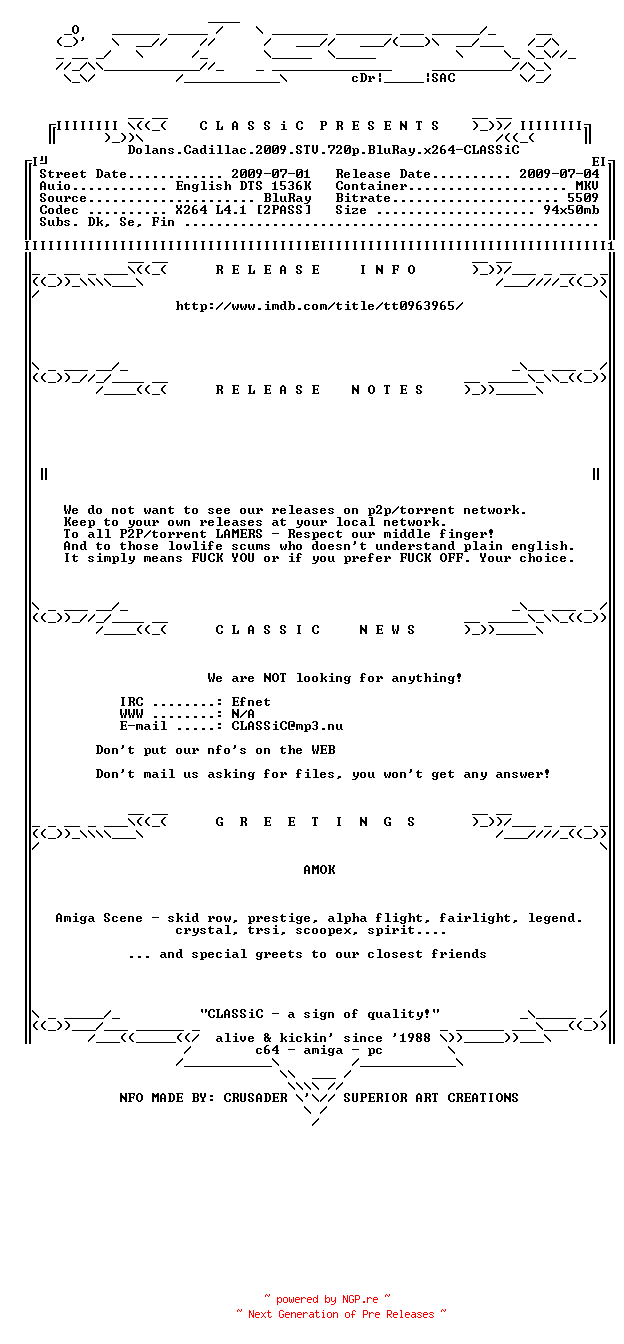 NFO for the release Dolans.Cadillac.2009.STV.720p.BluRay.x264-CLASSiC by CLASSiC