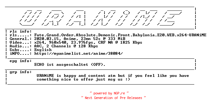 NFO for the release Fate.Grand.Order.Absolute.Demonic.Front.Babylonia.E20.WEB.x264-URANiME by URANiME