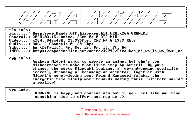 NFO for the release Keep.Your.Hands.Off.Eizouken.E11.WEB.x264-URANiME by URANiME