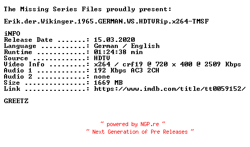 NFO for the release Erik.der.Wikinger.1965.GERMAN.WS.HDTVRip.x264-TMSF by TMSF