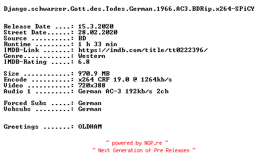 NFO for the release Django.schwarzer.Gott.des.Todes.German.1966.AC3.BDRip.x264-SPiCY by SPiCY