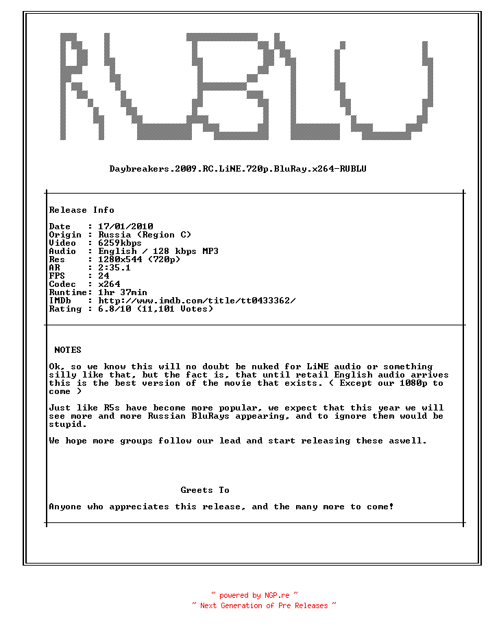 NFO for the release Daybreakers.2009.RC.LiNE.720p.BluRay.x264-RUBLU by RUBLU