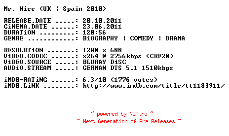 NFO for the release Mr.Nice.2010.German.720p.BluRay.x264-PRiViLEGED by PRiViLEGED