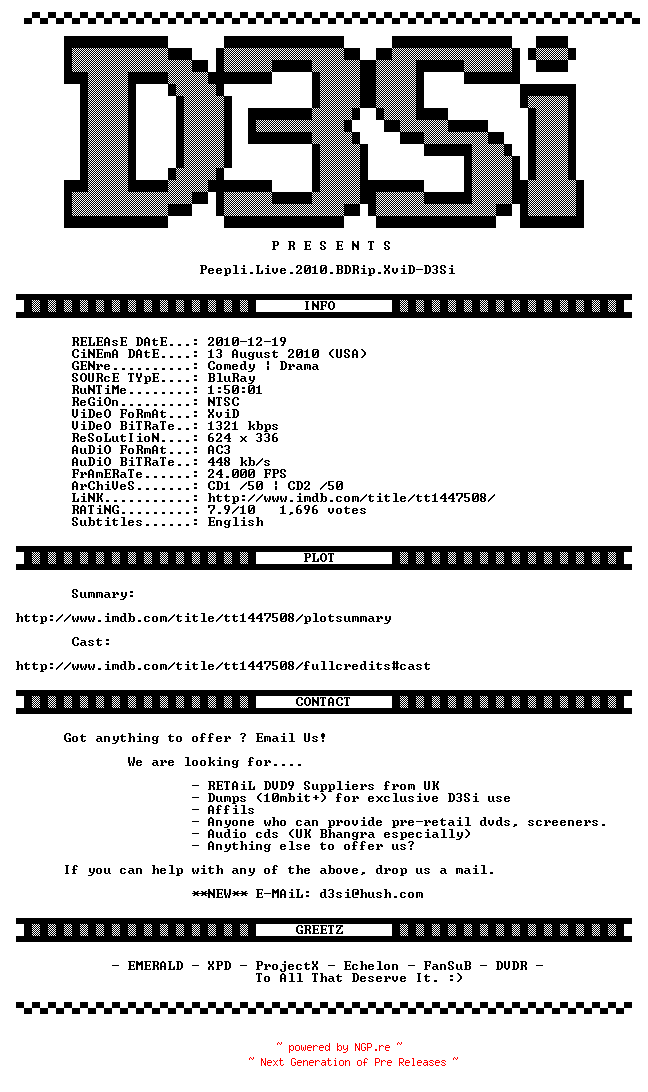 NFO for the release Peepli.Live.2010.BDRip.XviD-D3Si by D3Si