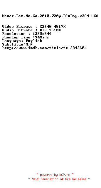 NFO for the release Never.Let.Me.Go.2010.720p.BluRay.x264-HCA by HCA