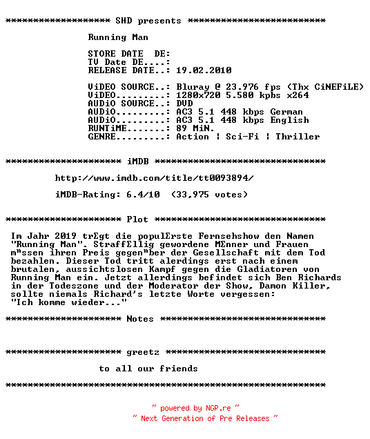 NFO for the release Running.Man.1987.German.AC3D.DL.720p.BluRay.x264-SHD by SHD