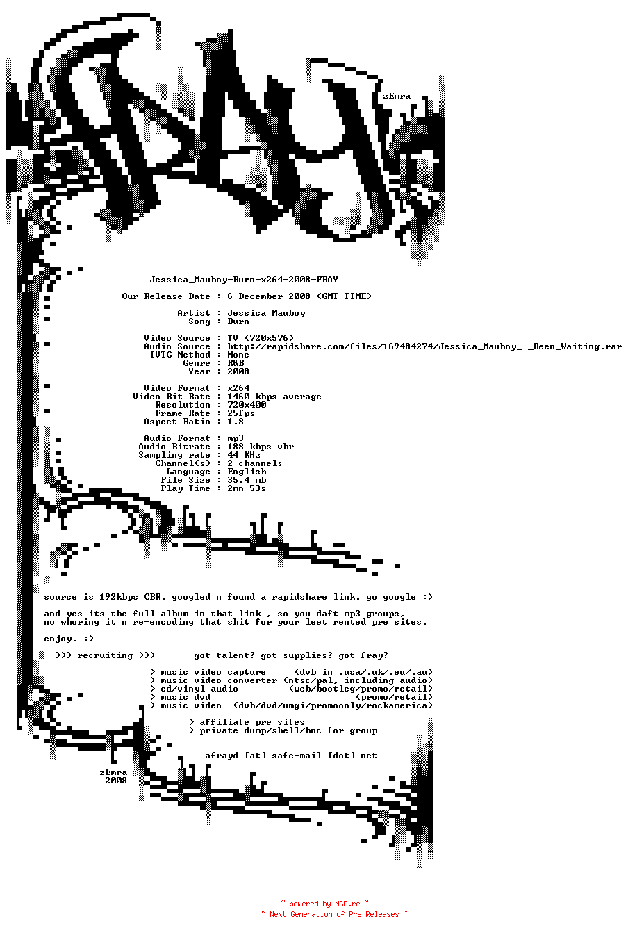 NFO for the release Jessica_Mauboy-Burn-x264-2008-FRAY by FRAY